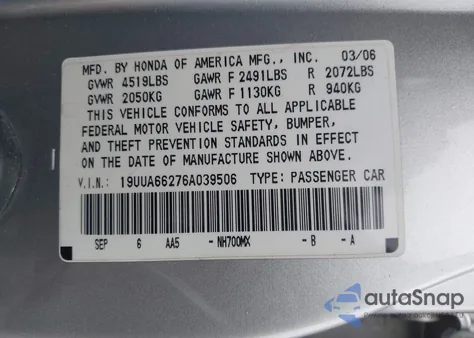 2006 Acura Tl from USA, damaged, VIN 19UUA66276A039506